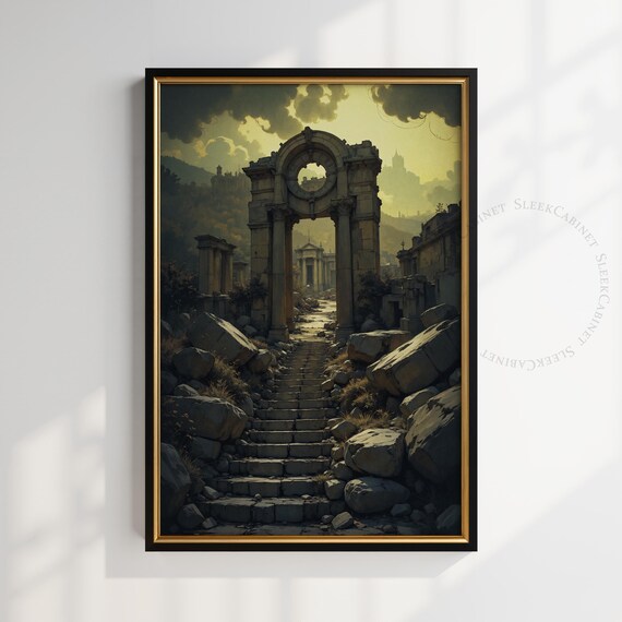 Ancient Roman Ruins Archway Stone Steps Dark Fantasy Art Poster