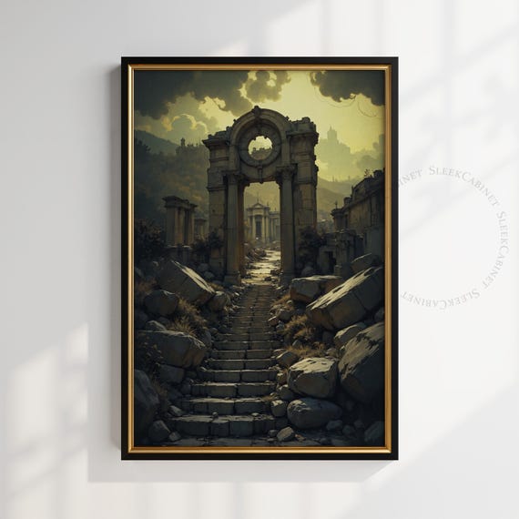 Ancient Ruins Gothic Wall Art Dark Fantasy Architecture Print Mystical Stone Archway Poster Atmospheric Fantasy Landscape Embsd