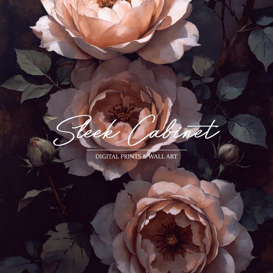 Three Glowing Peach Roses Dark Vintage Floral Oil Painting Poster - Image 4