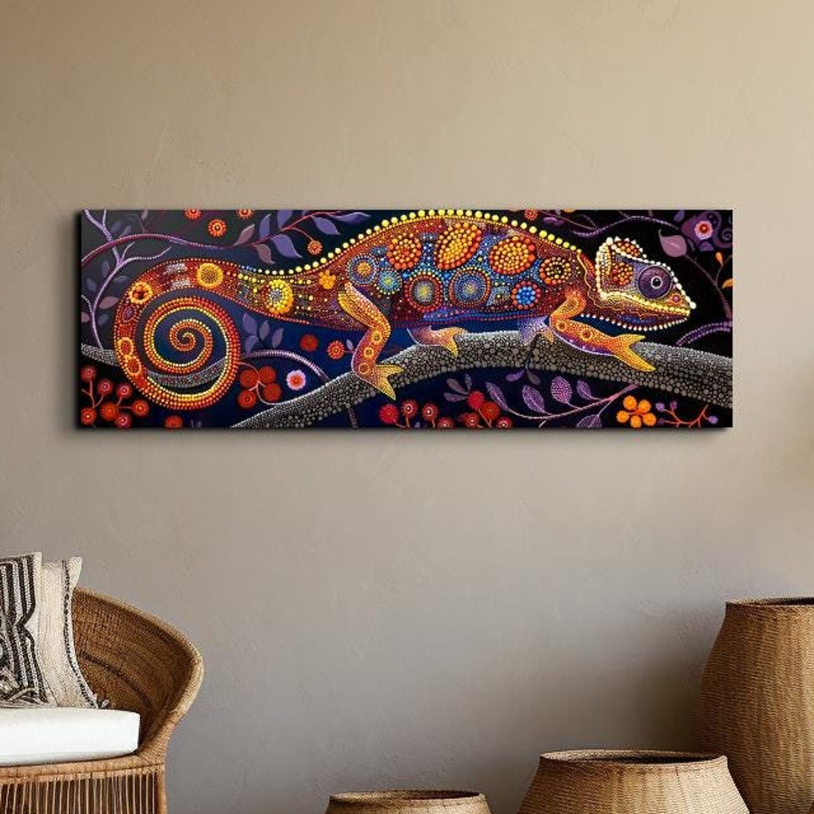 Colorful Chameleon Aboriginal Dot Painting Panoramic Lizard Poster