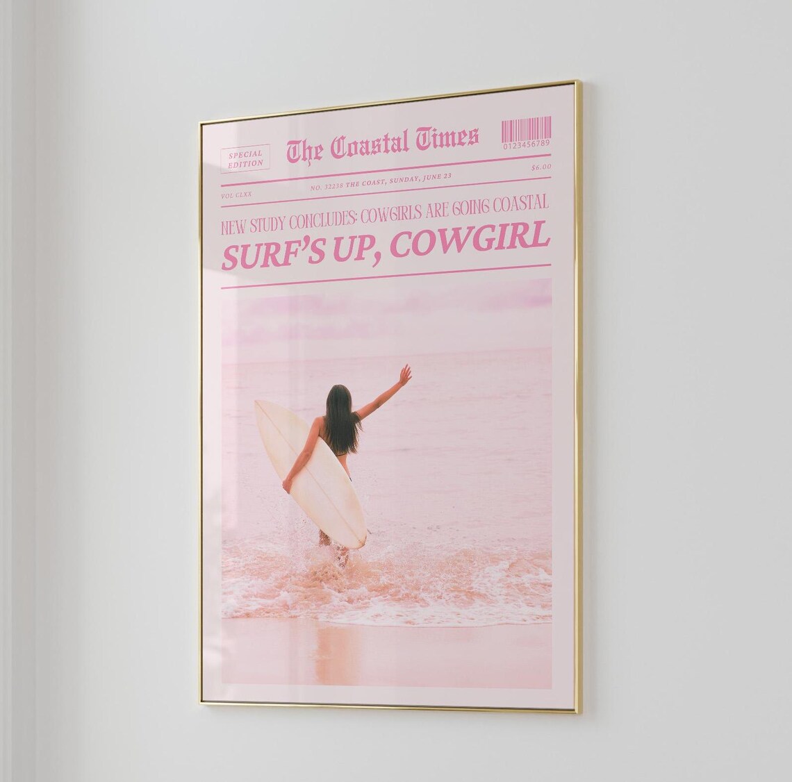 The Coastal Times Surf's Up Cowgirl Pink Summer Newspaper Wall Art - Image 3