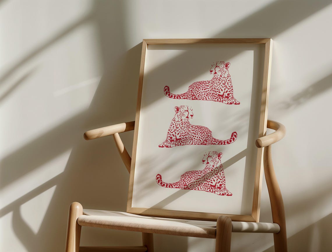 Red Cheetah Trio Reclining Safari Line Art Wall Decor Poster - Image 3