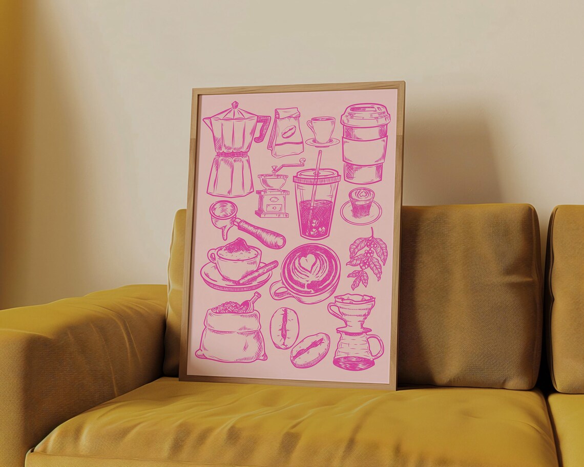 Pink Coffee Collage Line Art Kitchen Bar Sketch Girly Art Poster - Image 3