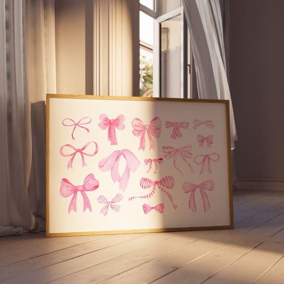 Bows Wall Art Pink Art Print Trendy Art Prints Aesthetic Poster Pink Wall Art Coquette Wall Art Preppy Dorm Horizontal Wall Art