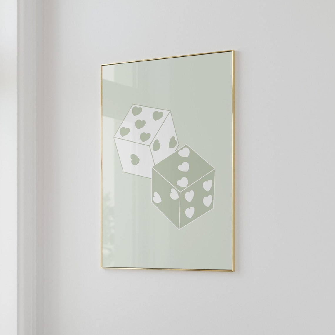 Sage Green Heart Dice Lucky Illustration Minimalist Art Poster