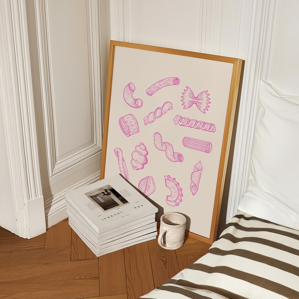 Pink Pasta Shapes Line Art Sketch Italian Kitchen Foodie Poster - Image 3