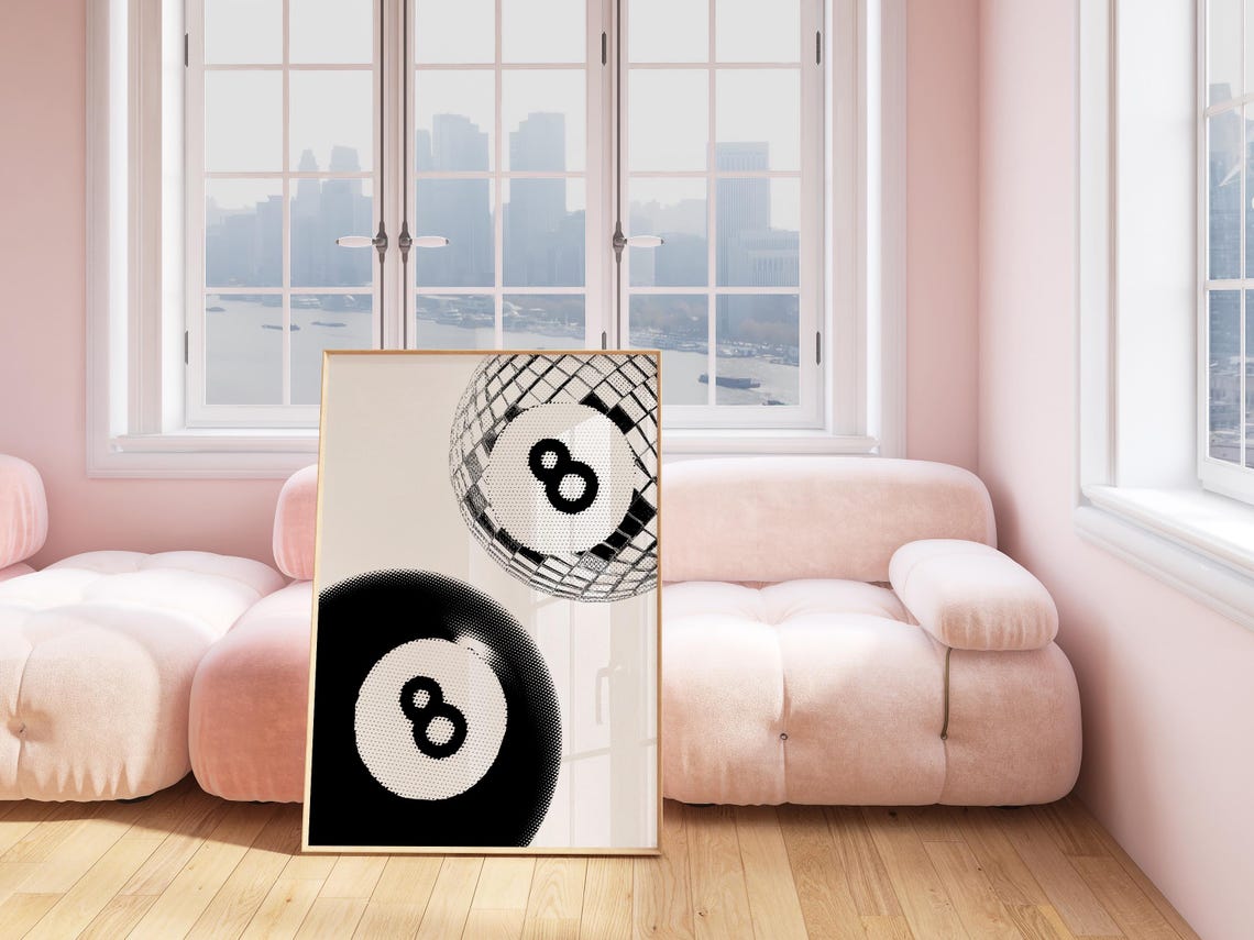 Eight Ball Disco Black White Retro Trendy Aesthetic Room Decor Poster