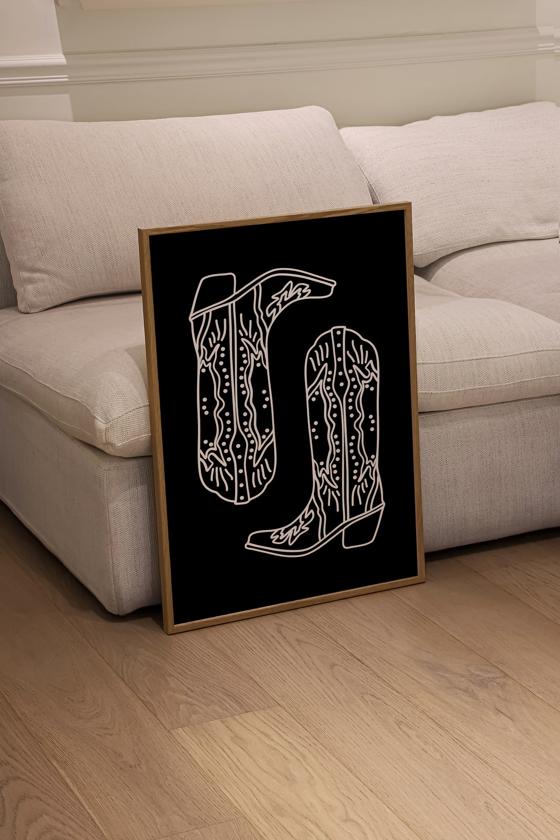 Western Cowboy Boots White Line Art Black Background Rodeo Poster - Image 2