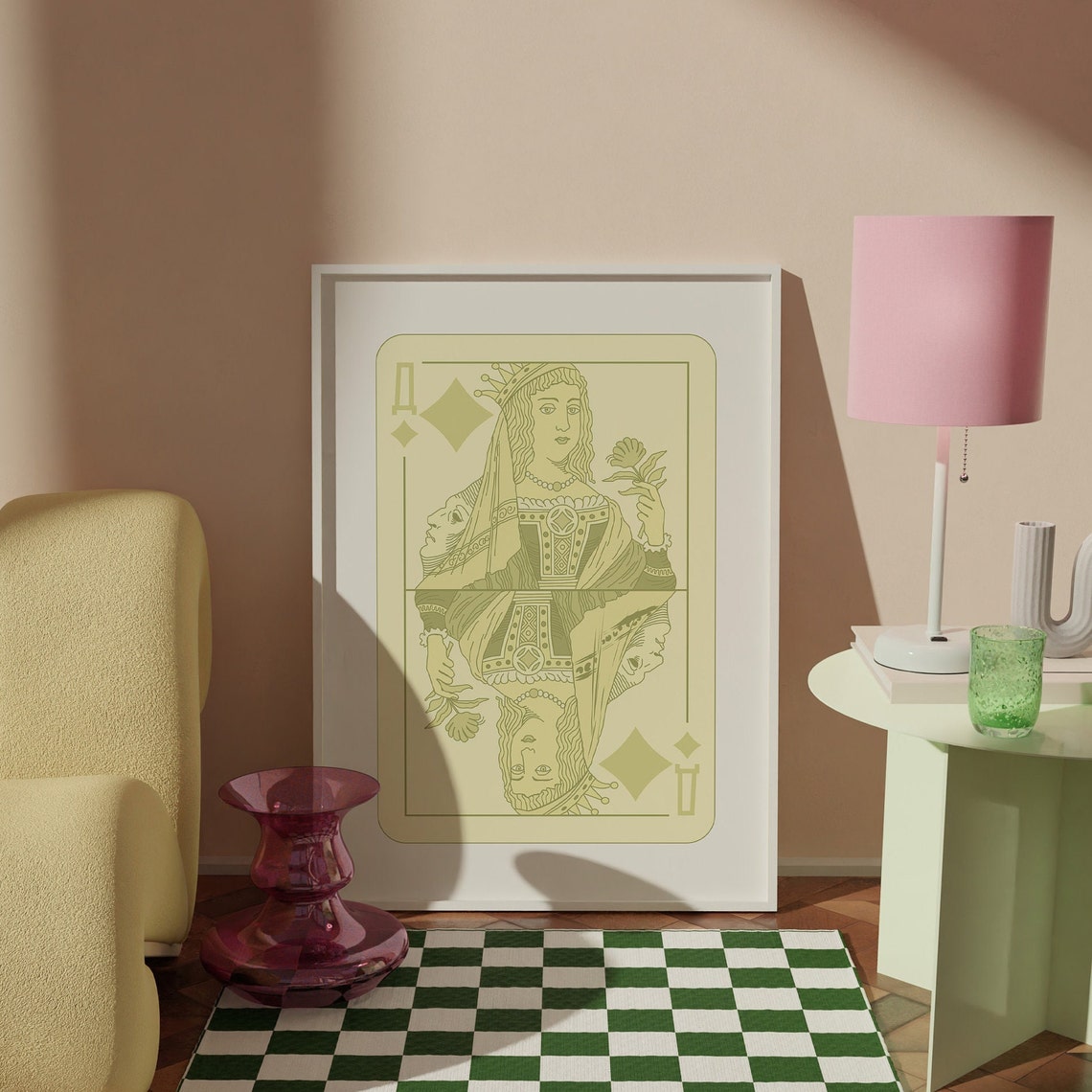 Queen of Diamonds Vintage Playing Card Art Deco Style Wall Poster