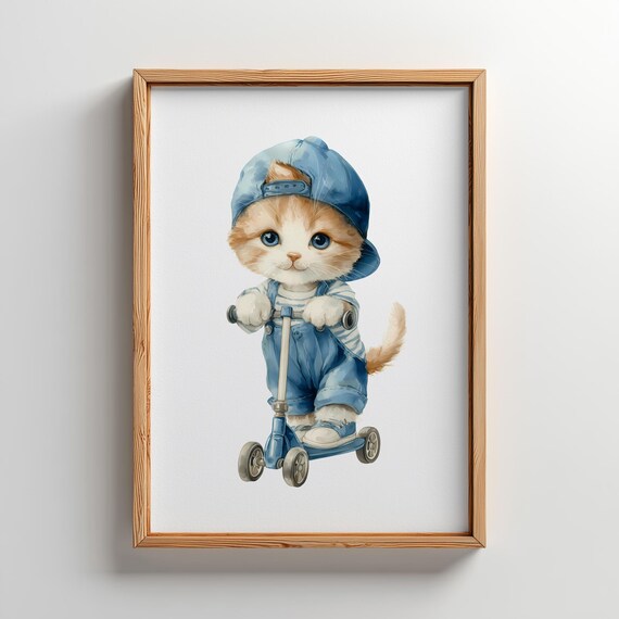 Playful Kitten Riding a Blue Scooter Watercolor Nursery Wall Poster