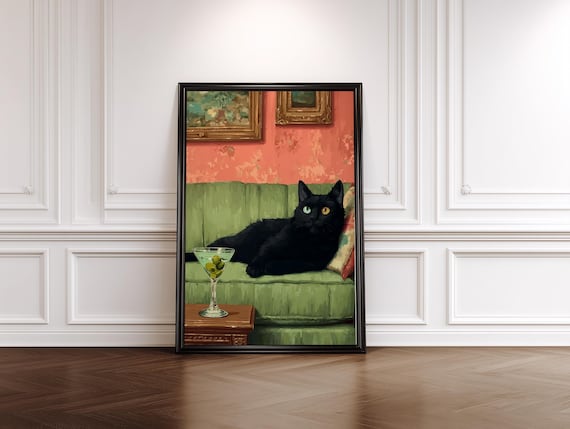 Black Cat with Martini on Green Couch Retro Bar Decor Art Poster