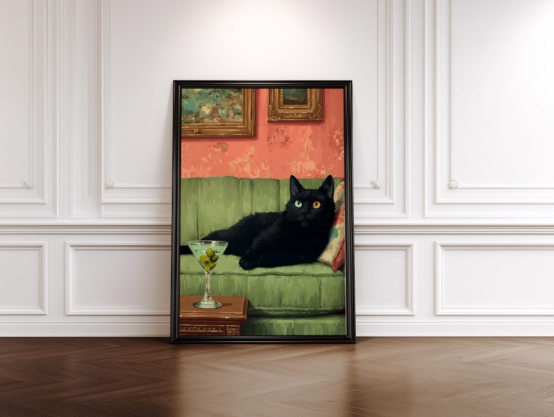 Black Cat with Martini on Green Couch Retro Bar Decor Art Poster