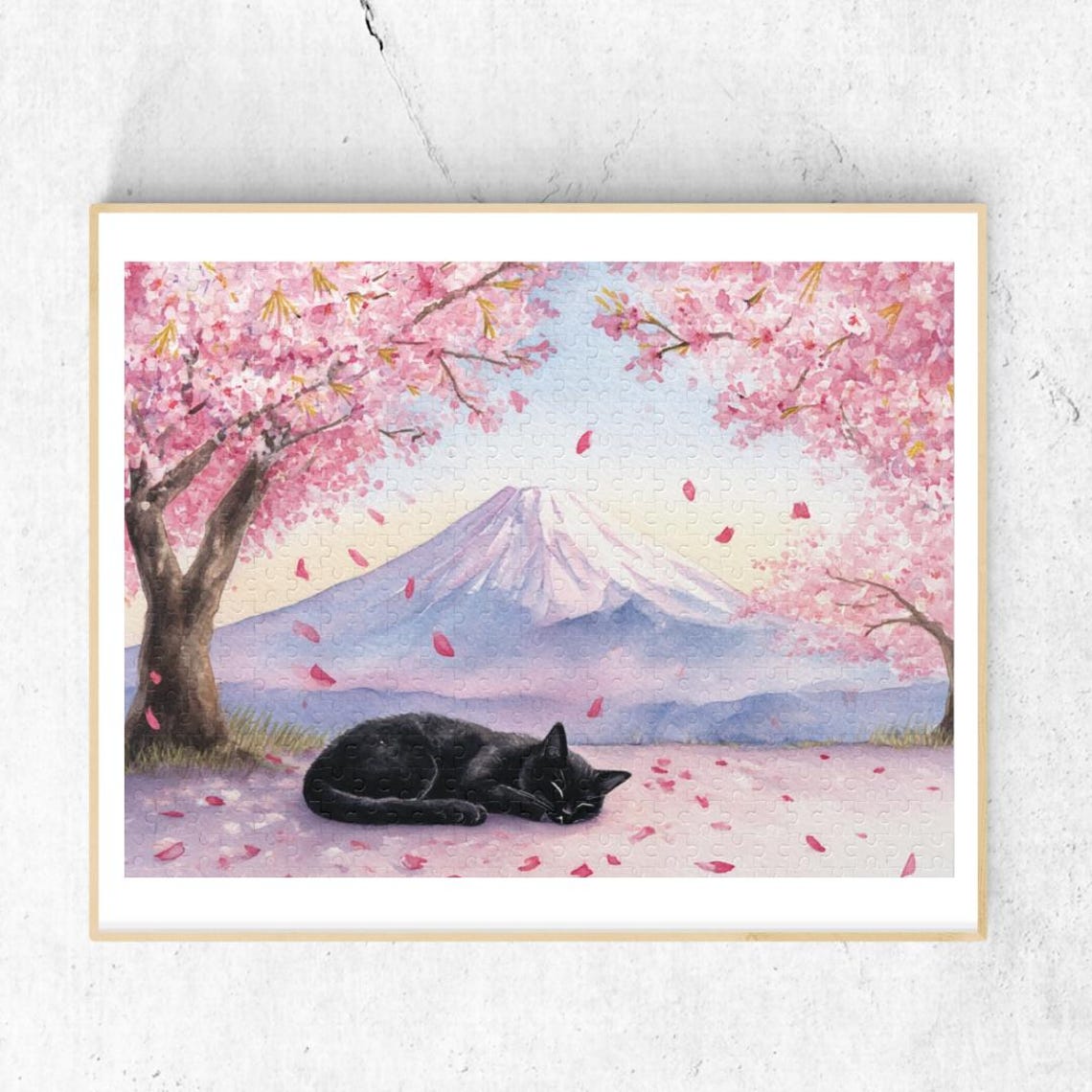 Black Cat Sleeping under Cherry Blossoms Mount Fuji Art Poster