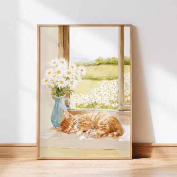 Orange Kitten Sleeping by Window with Daisy Jug Watercolor Poster