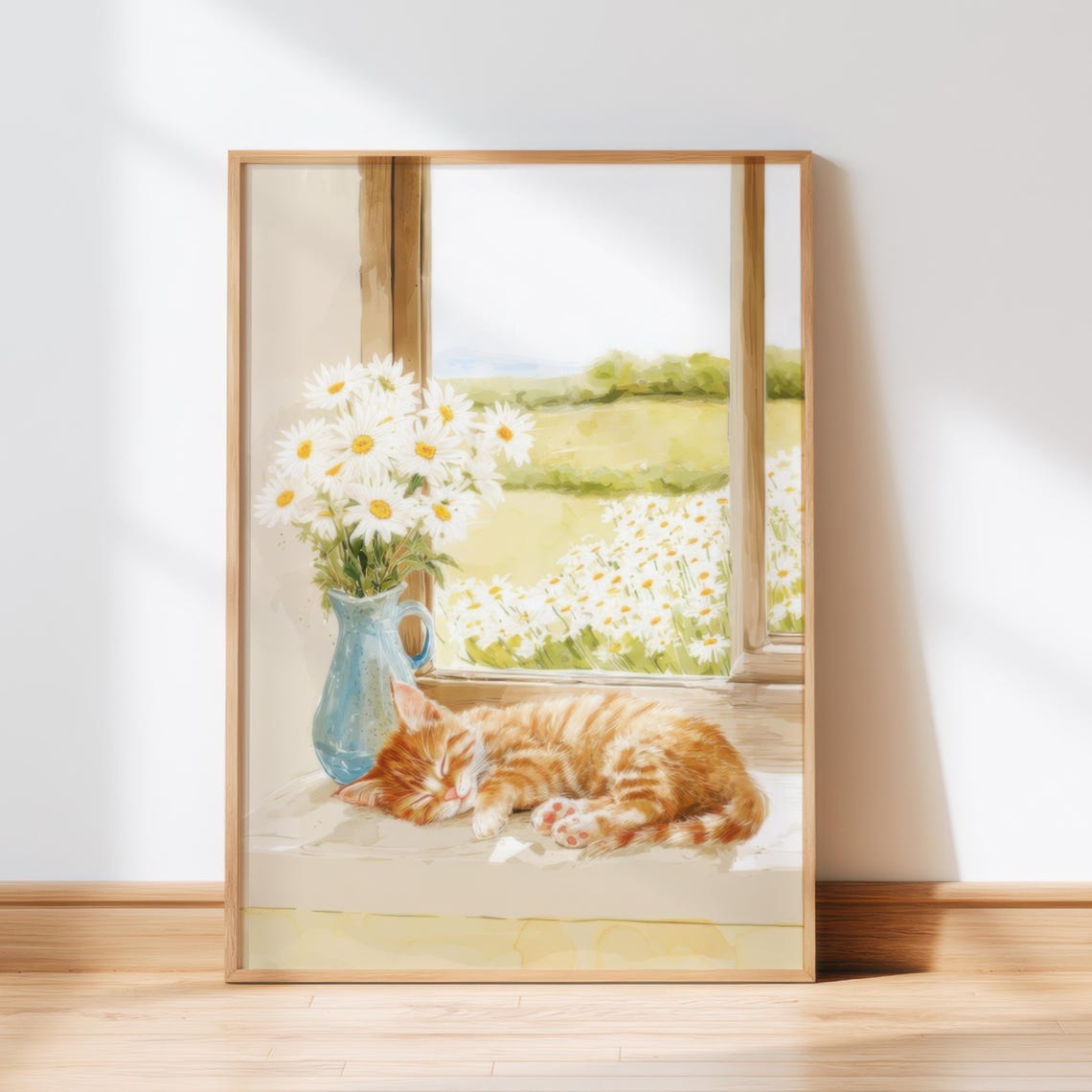 Orange Kitten Sleeping by Window with Daisy Jug Watercolor Poster