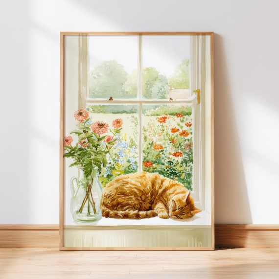Sleeping Orange Tabby Cat by Window with Flower Vase Watercolor Print