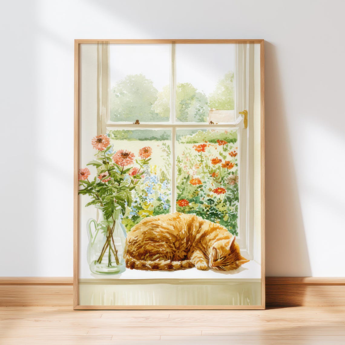 Sleeping Orange Tabby Cat by Window with Flower Vase Watercolor Print