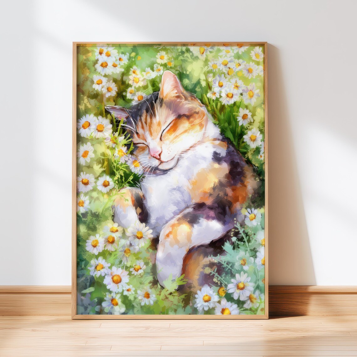 Sleeping Calico Cat With Daisies Art Print