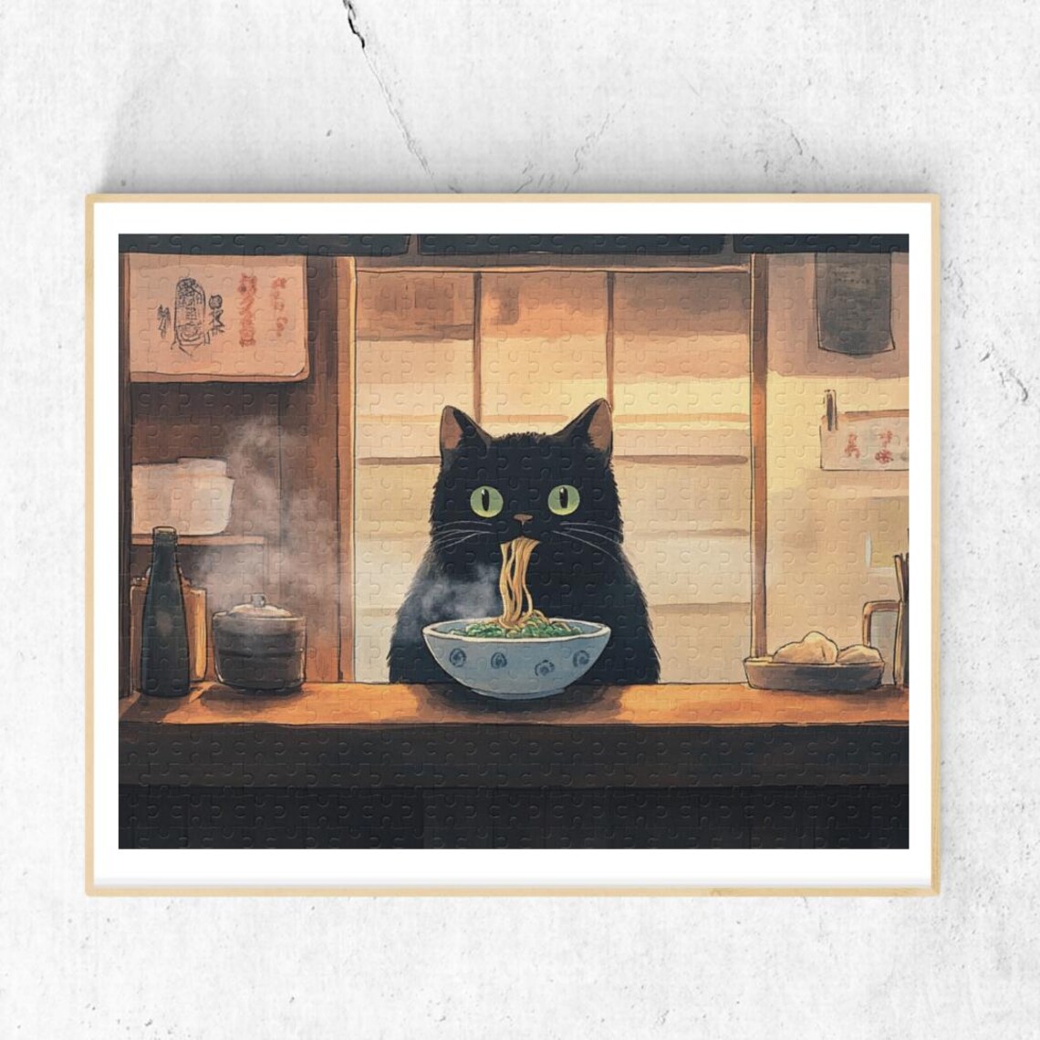 Hungry Black Cats Ramen Time Puzzle Art Print