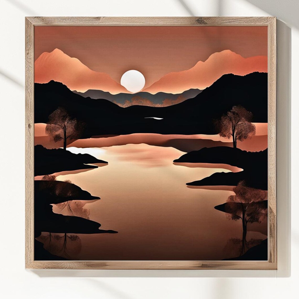Sunset Lake Mountain Silhouette Boho Sepia Landscape Wall Art