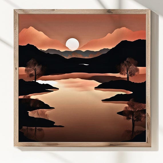 Lake Sunset Art Canvas Print Or Poster Tranquil Mountain Landscape Sepia Tones 33