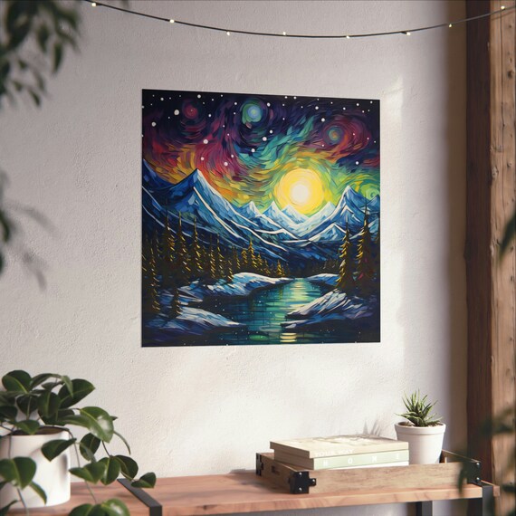 Post Impressionism Snowcapped Mountains Under The Northern Lights