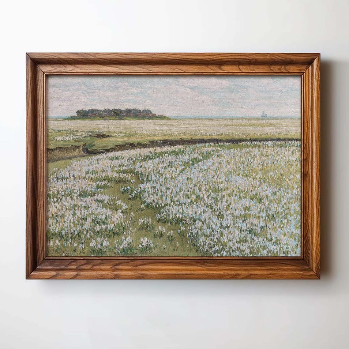 Vintage Landscape Oil Painting, Floral Field Scene