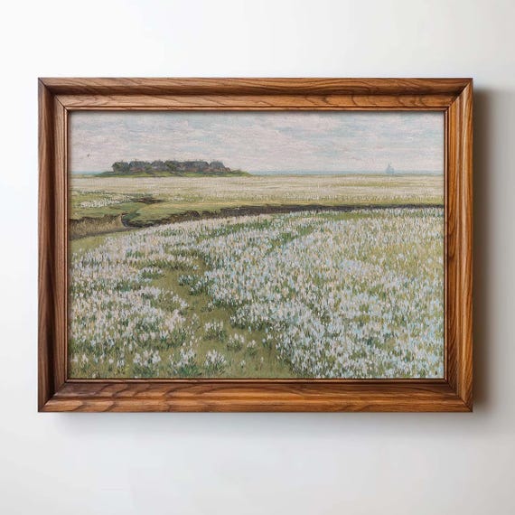 Vintage Landscape Oil Painting, Floral Field Scene