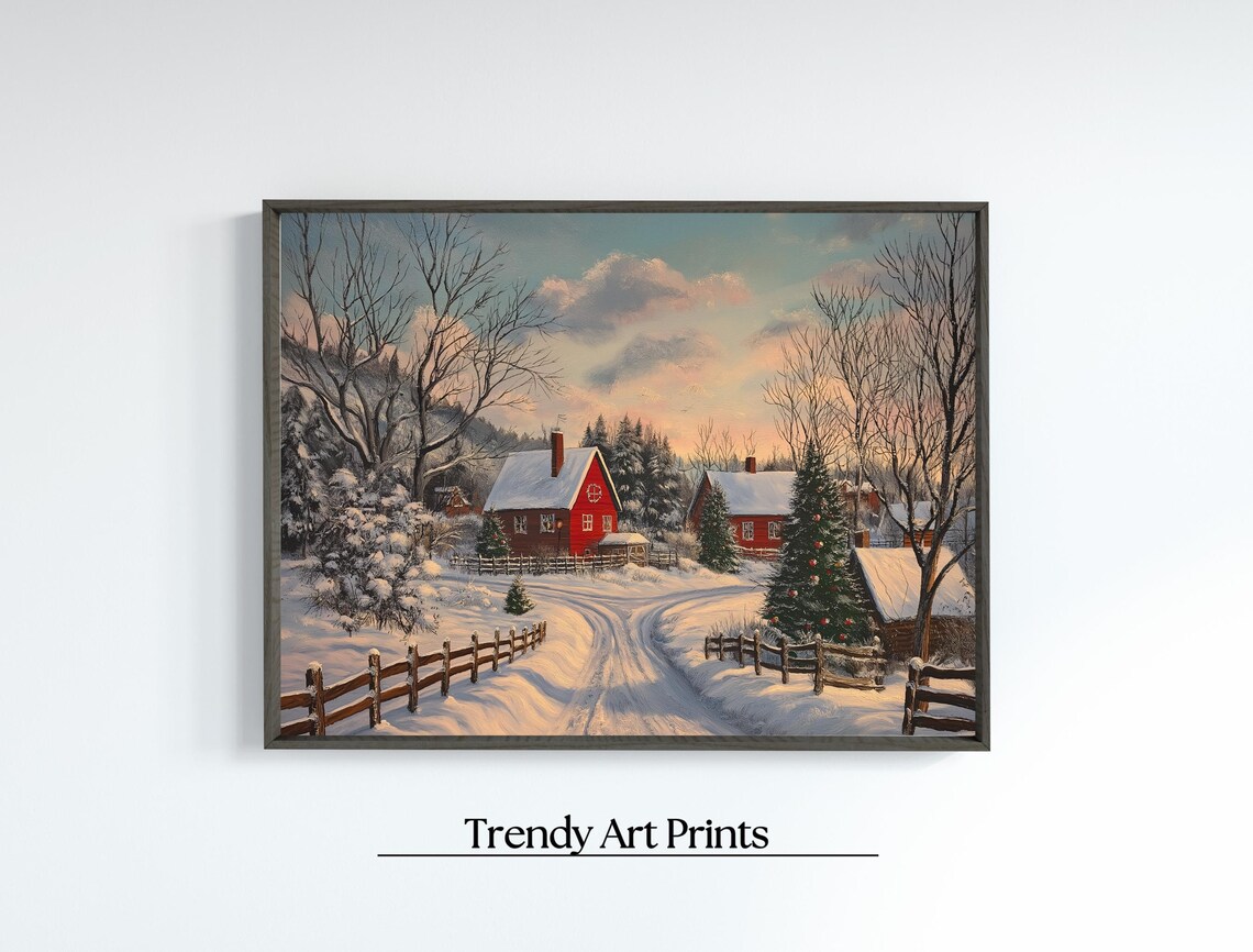 Snowy Christmas Village Farmhouse Red Barn Winter Landscape Poster