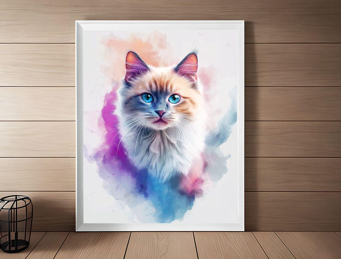 Blue Eyed Kitten Watercolor Portrait Pastel Splash Cat Poster - Image 3