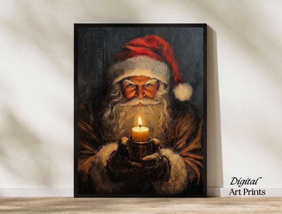 Moody Vintage Santa Wall Art Print Rustic Oil Painting Style Dark Christmas Decor Santa With Candle Cottagecore Print