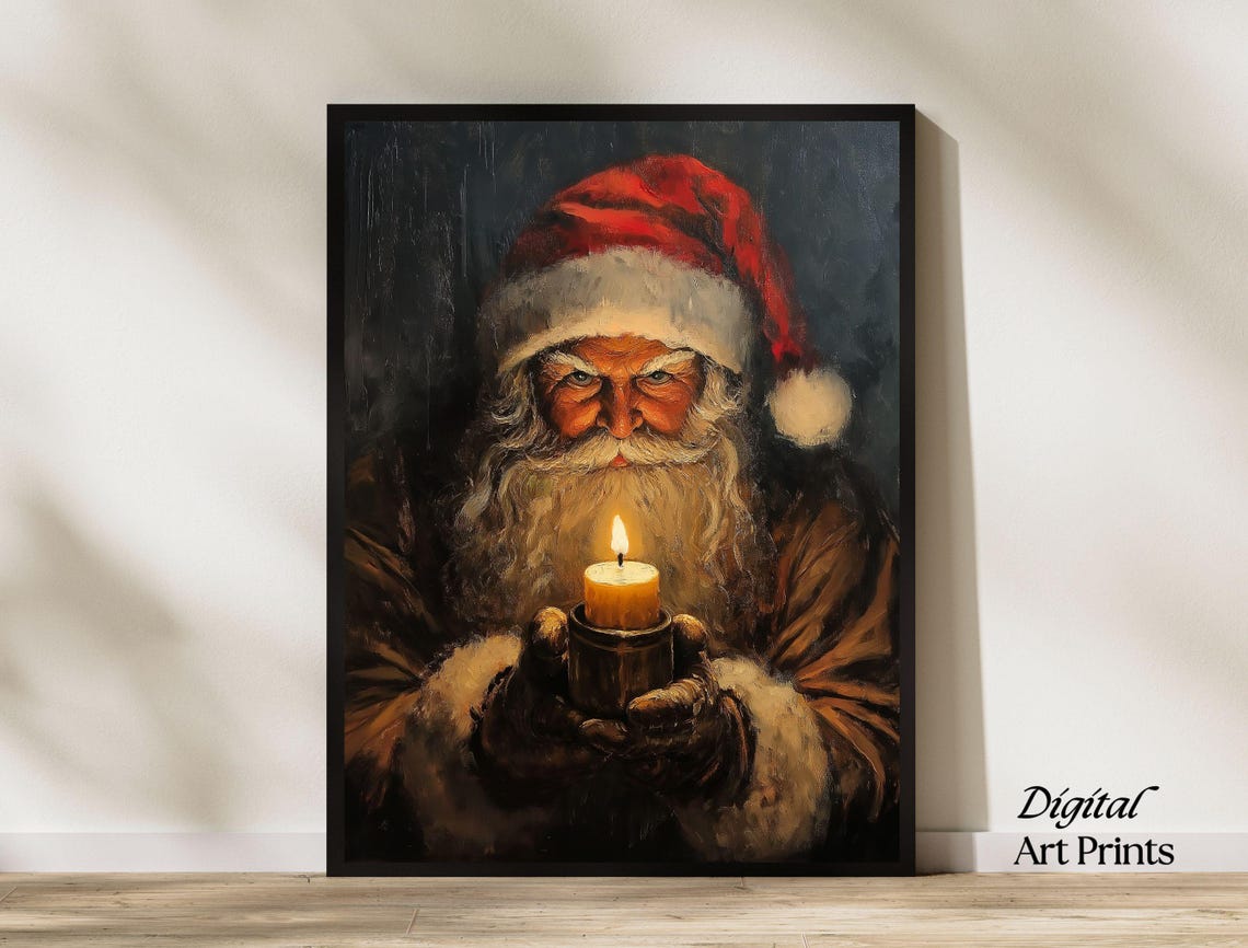 Moody Santa Claus Holding Candle Vintage Dark Christmas Oil Poster