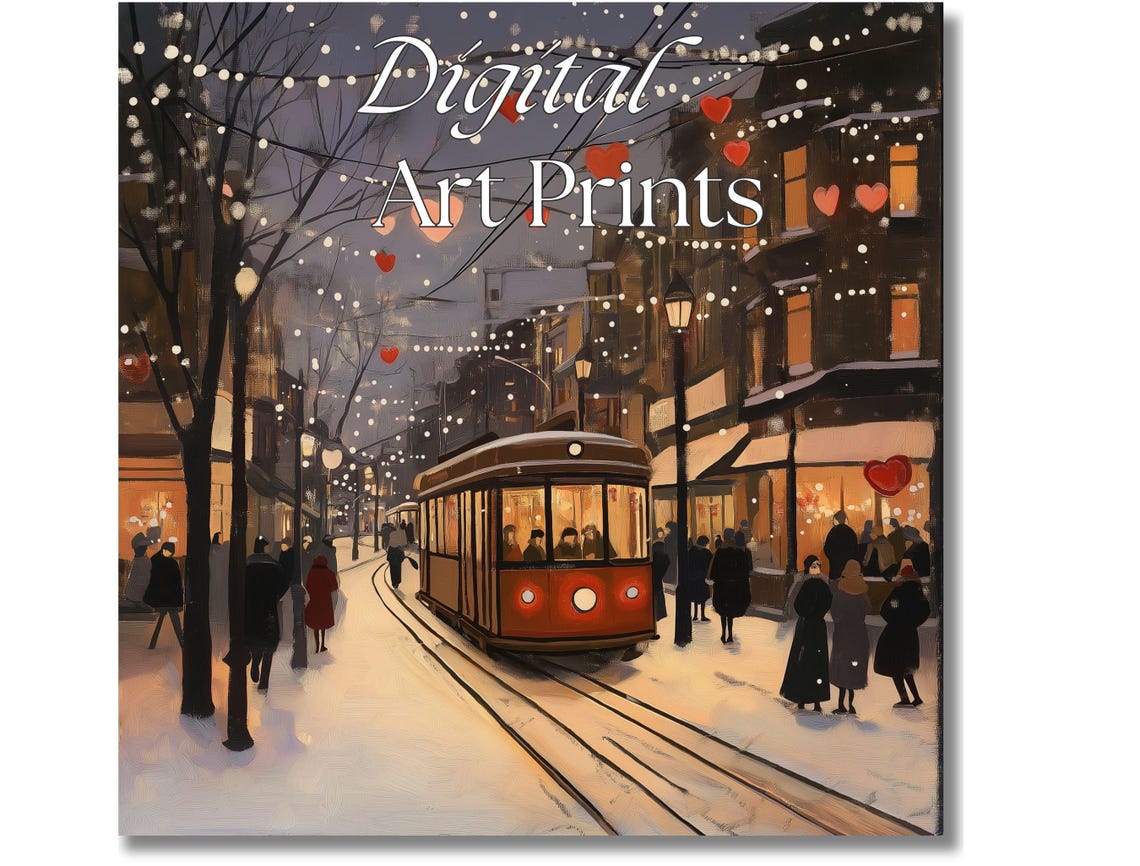 Vintage Winter Night Tram Street Heart Lights Painting Print - Image 2