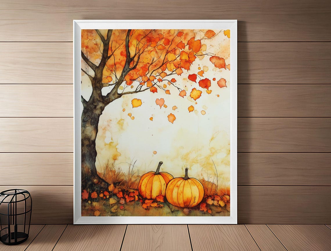 Autumn Tree Showering Orange Leaves Over Two Pumpkins Poster - Image 2
