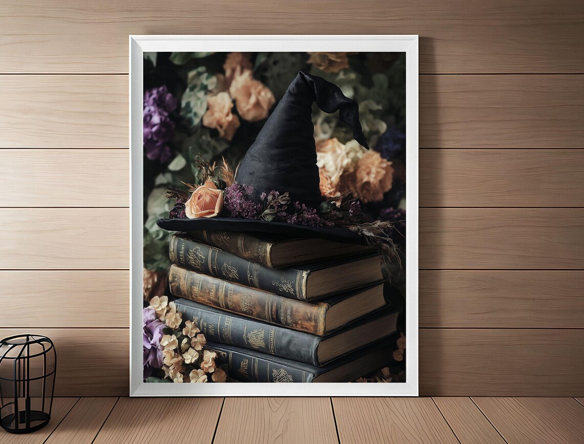 Witch Hat with Flowers on Antique Books Dark Academia Poster - Image 2