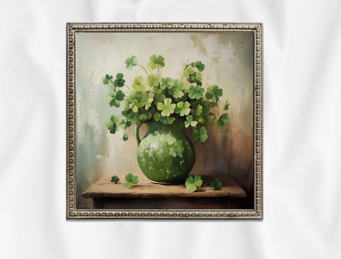 Vintage Green Pitcher of Shamrocks Rustic Still Life Art Print - Image 4