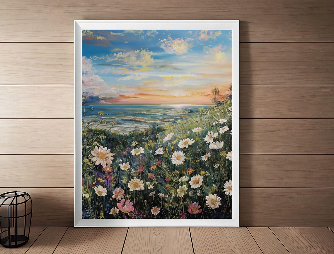 Sunset Meadow Wildflower Field Daisy Painting Coastal Summer Art Poster - Image 2