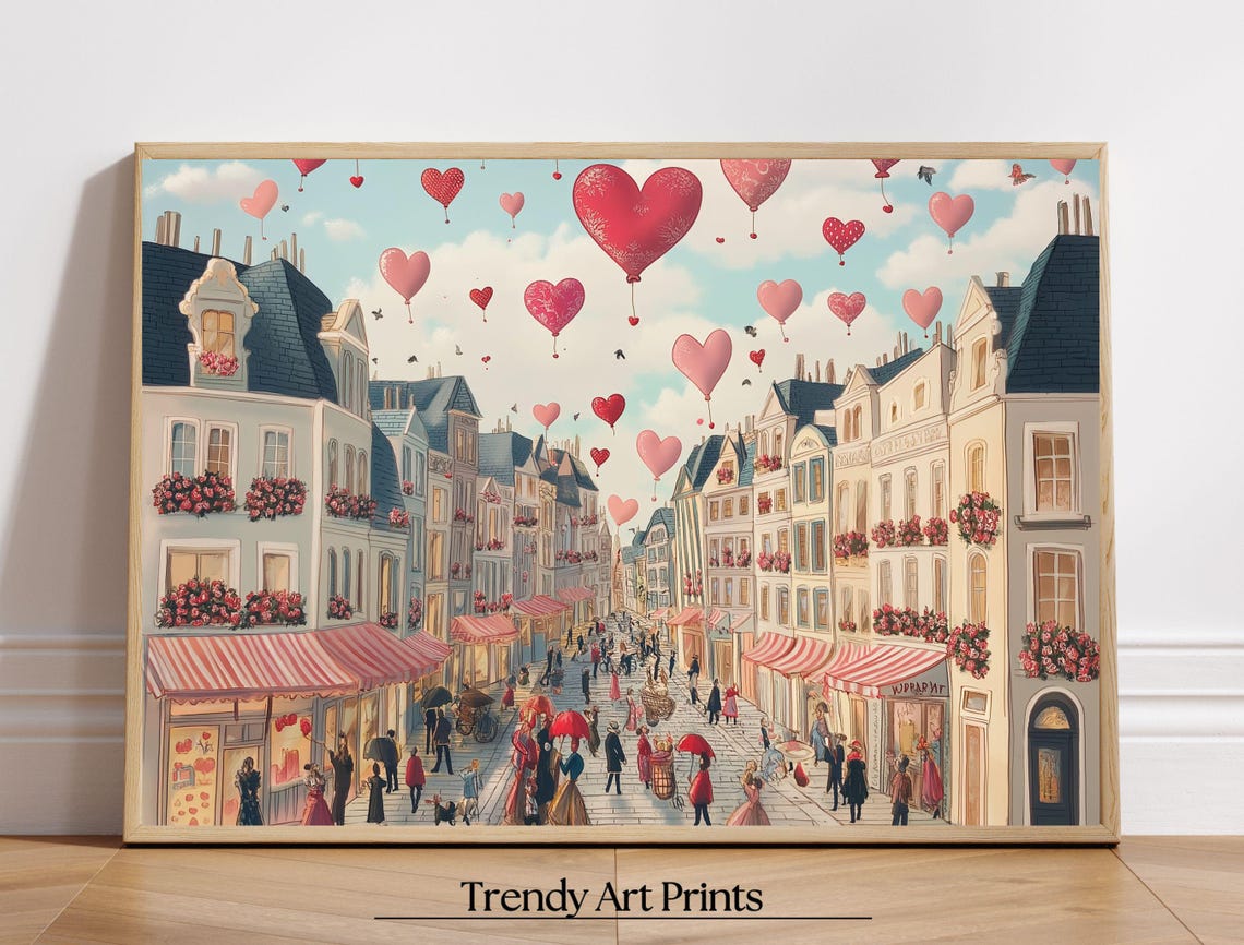 Parisian Street Heart Balloons Romantic City Scene Art Print