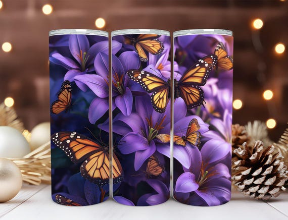 3d Purple Flowers Butterfly Tumbler Wrap Png Straight Skinny Tumbler Wrap 20oz Sublimation Skinny Floral Tumbler Designs