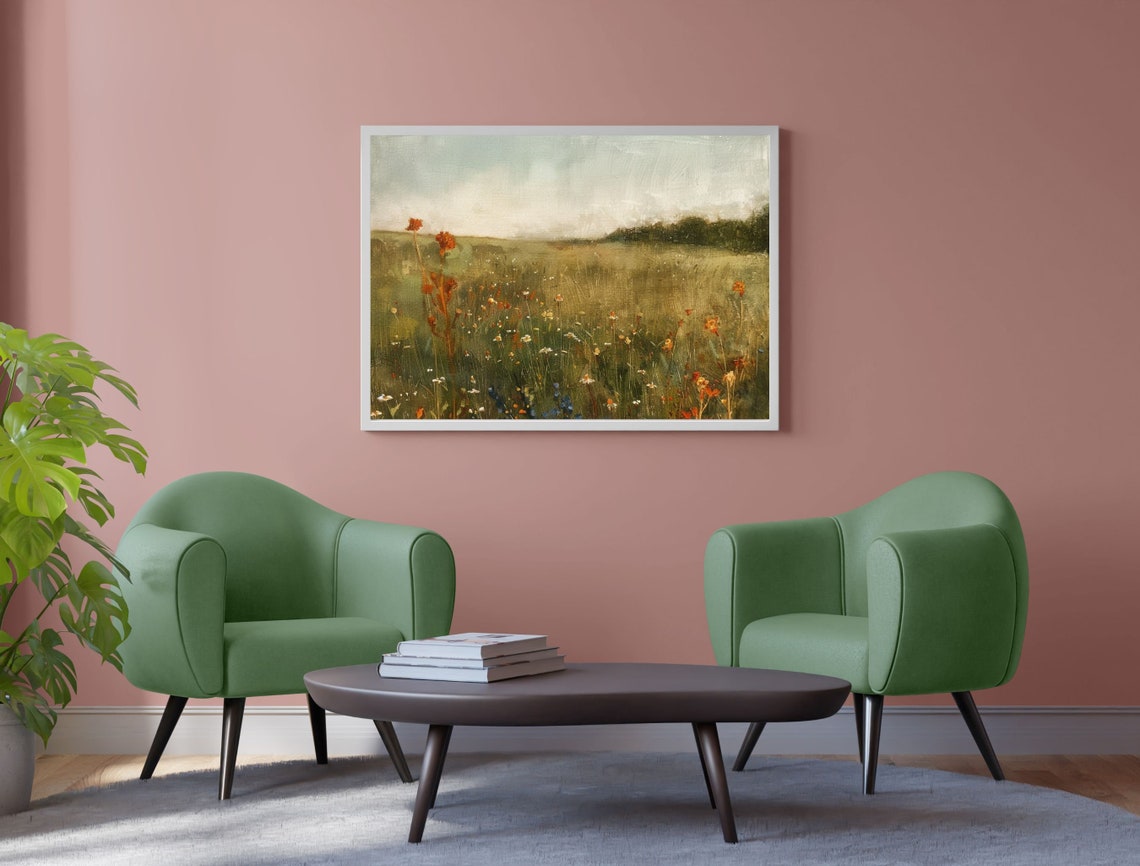 Soft Misty Green Meadow with Wildflowers at Calm Daybreak Poster - Image 3