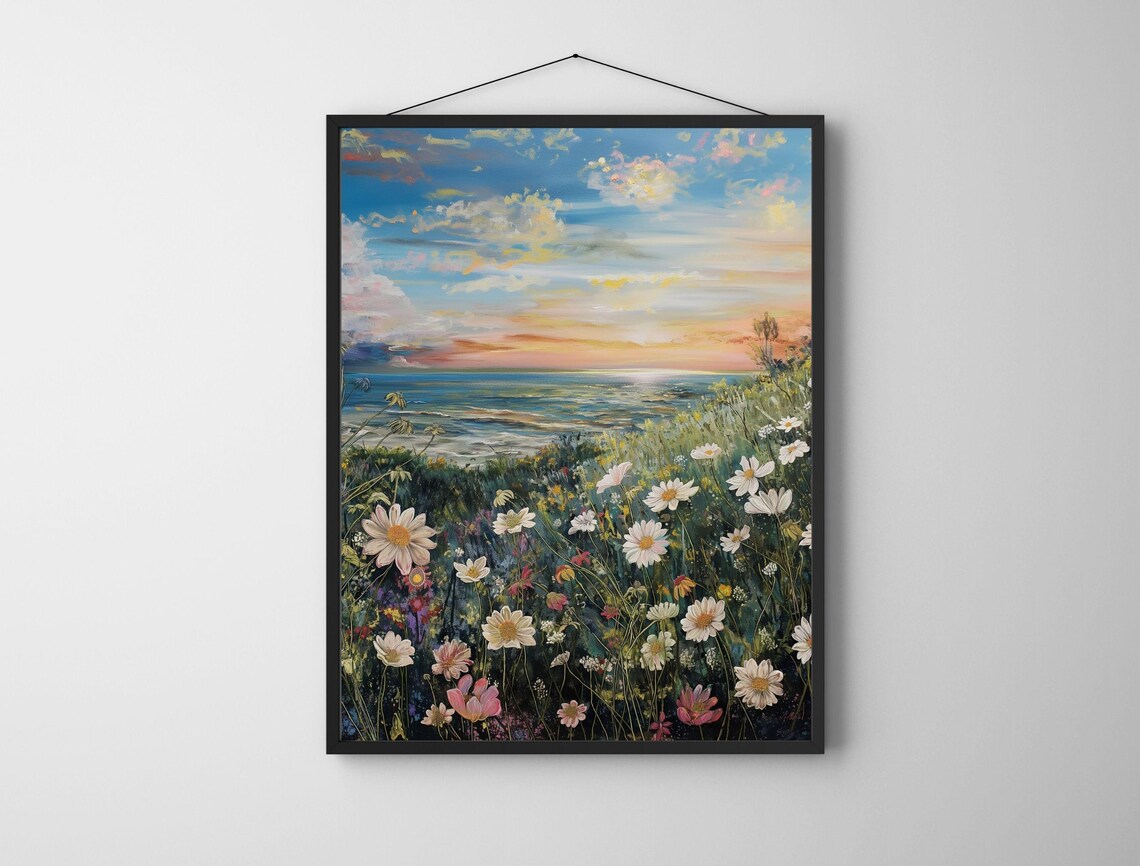 Sunset Meadow Wildflower Field Daisy Painting Coastal Summer Art Poster - Image 5