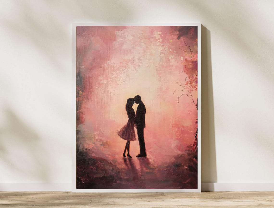 Romantic Couple Silhouette Blush Pink Forest Kiss Art Painting Print - Image 8