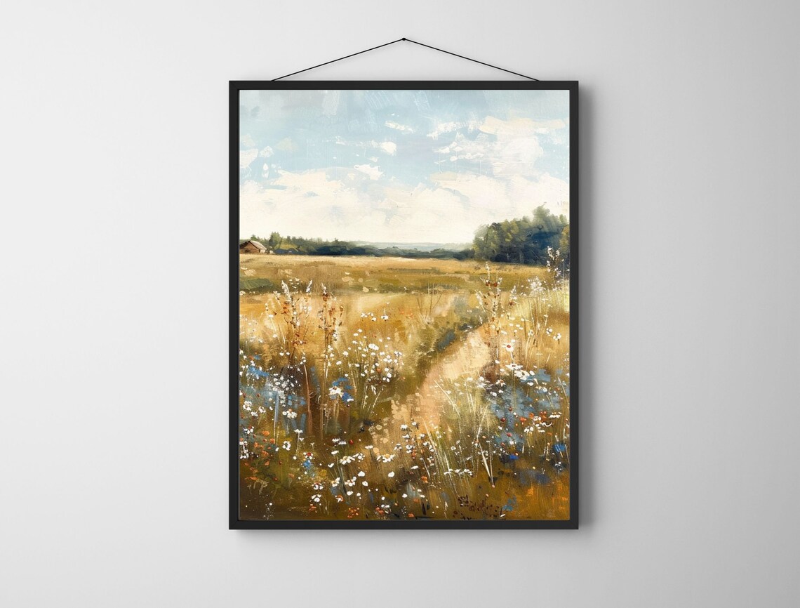 Vintage Golden Meadow Wildflower Landscape Oil Painting Print - Image 8