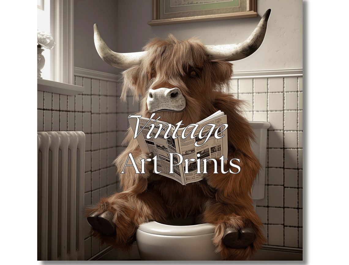 Funny Highland Cow Sitting on Toilet Reading Newspaper Poster - Image 4