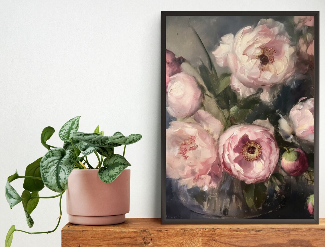 Lush Pink Peony Oil Painting Moody Floral Bouquet Art Poster - Image 2