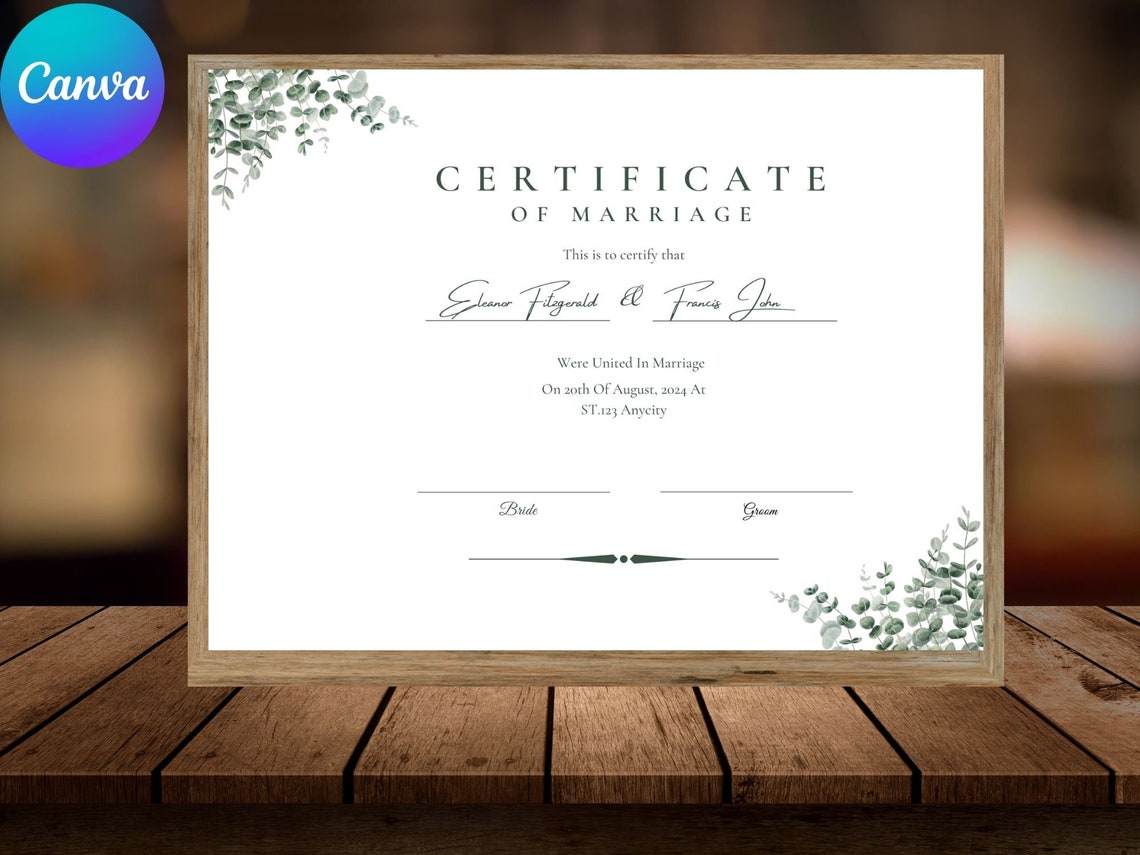 Marriage Certificate Template Eucalyptus Greenery Wedding Print
