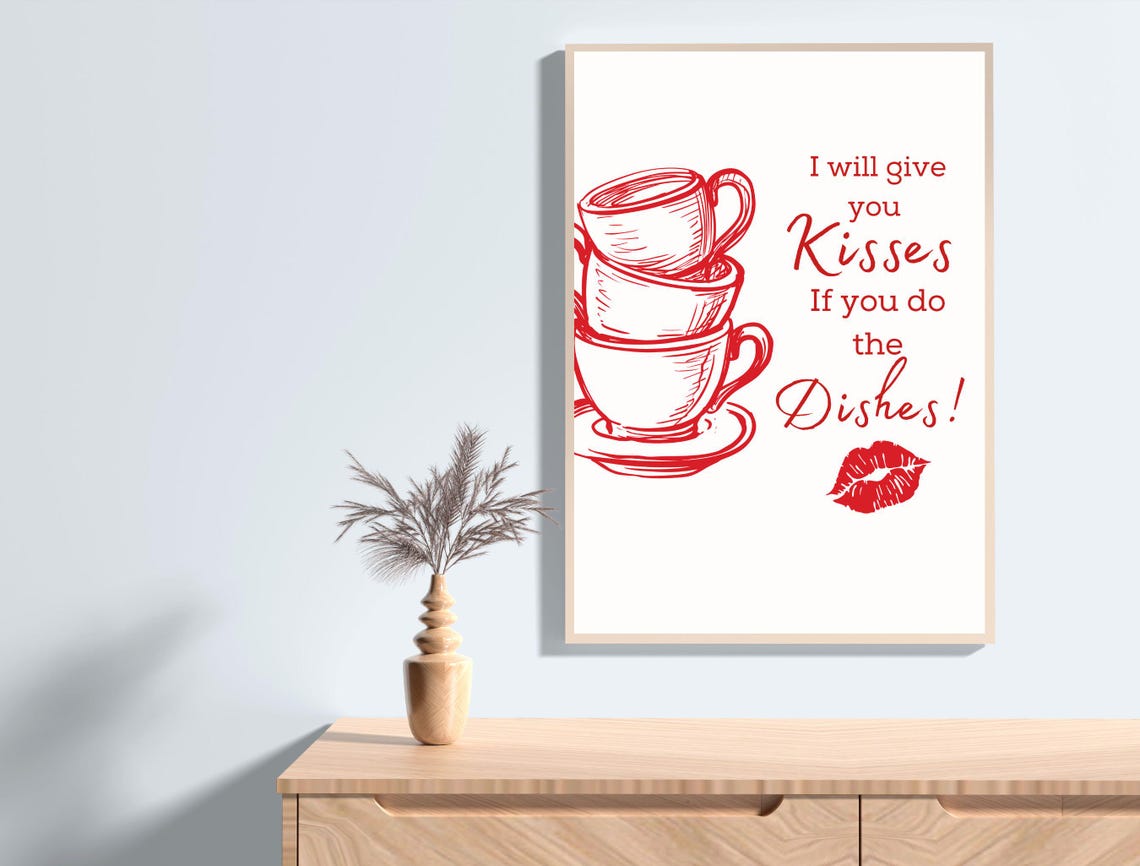 I Will Give You Kisses If You Do The Dishes Red Kitchen Poster - Image 3