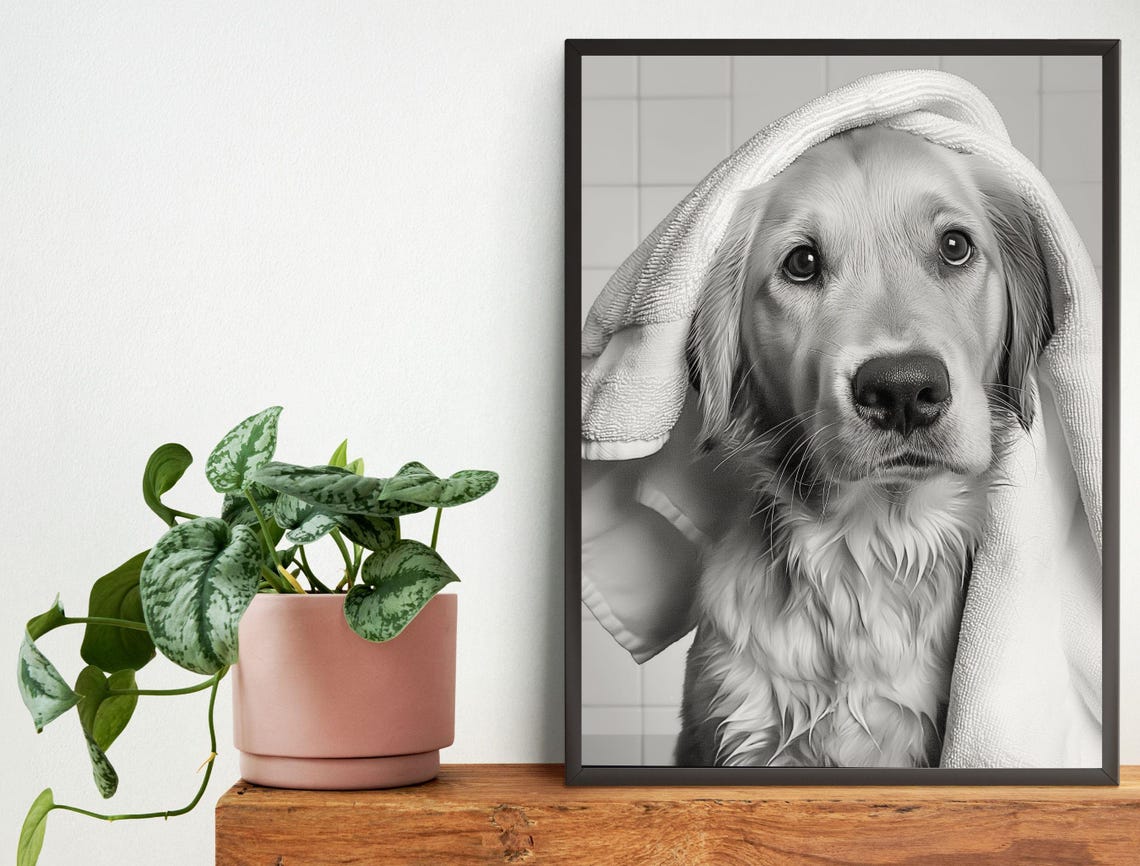 Bathroom Art Golden Retriever Gifts Toilet Humor Bathroom Wall Art Kids Bathroom Whimsy Animal Art Kids Art Bathroom Decor Towel - Image 4