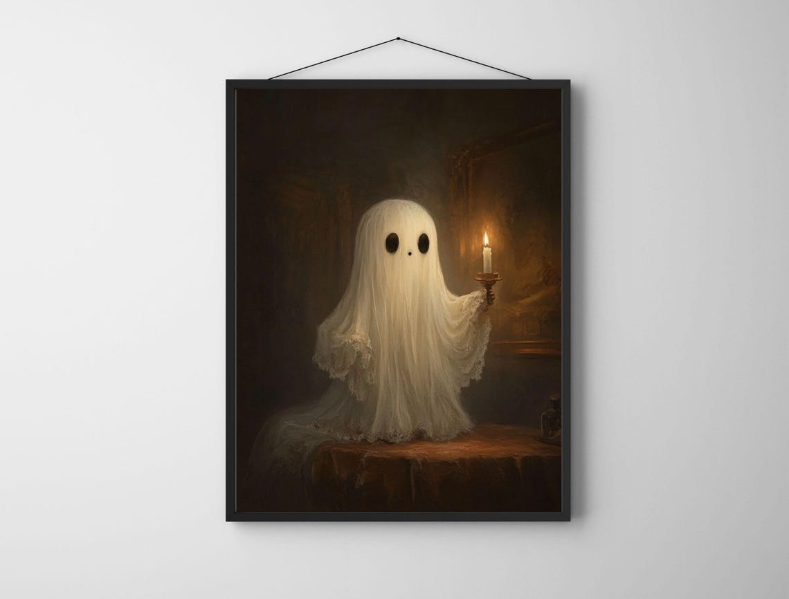 Cute Lace Trim Ghost Holding Candle Dark Room Halloween Poster - Image 7