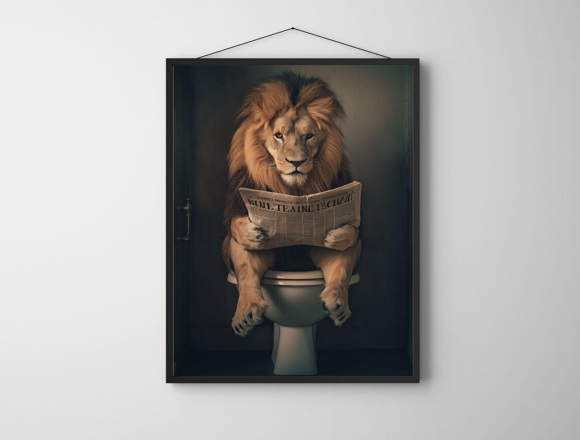Funny Lion Sitting on Toilet Reading Newspaper Bathroom Art Print - Image 6